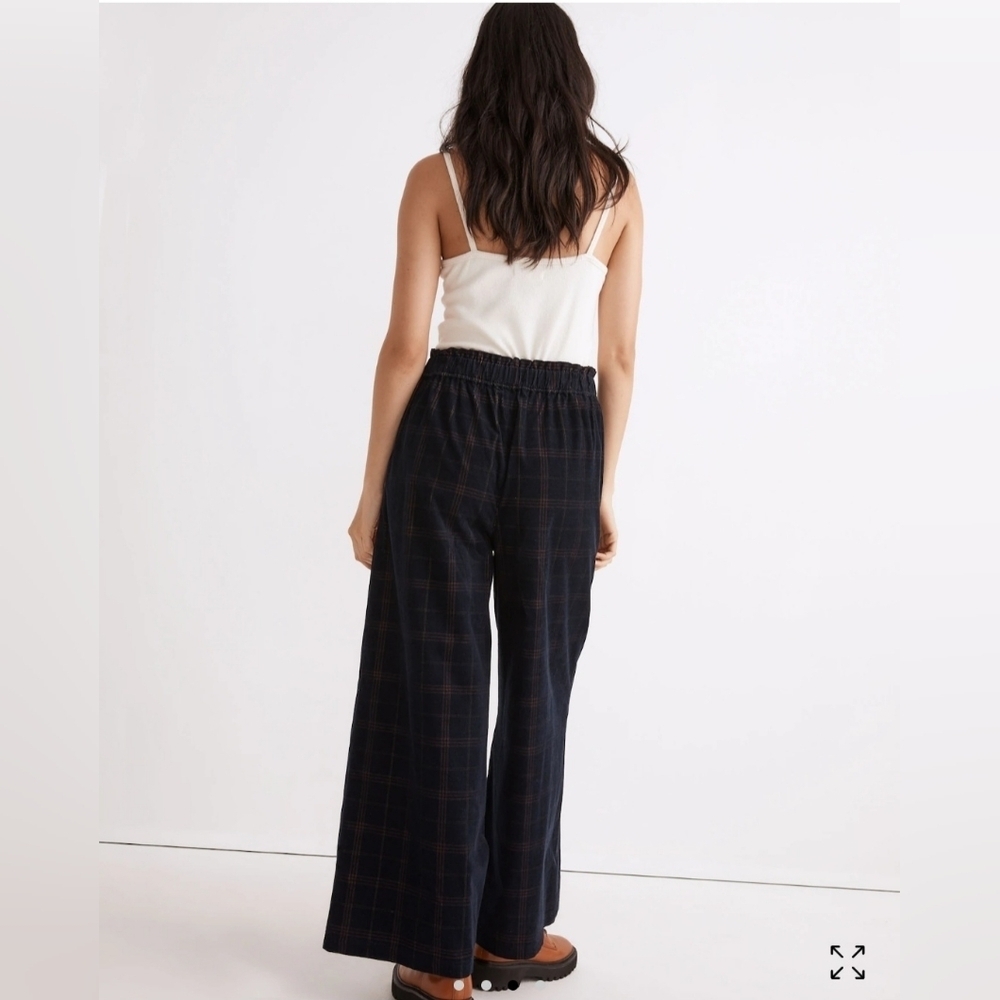Madewell Corduroy wide leg pull on crop pants navy plaid women's sz small - Picture 3 of 8